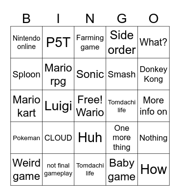 Nintendo direct Bingo Card