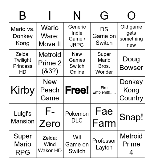 Nintendo Direct 14.09.23 Bingo Card