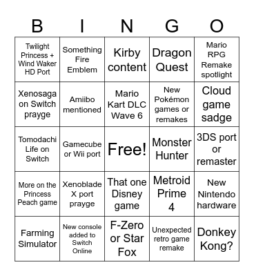 9.14.23 Nintendo Direct Predictions Bingo Card
