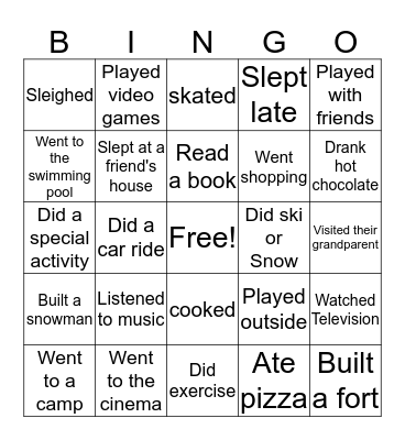 Spring break Bingo Card