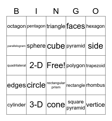 Geometry Vocabulary Bingo Card