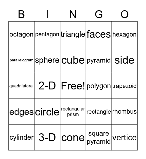 Geometry Vocabulary Bingo Card