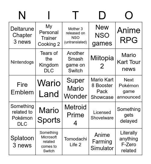 Nintendo Direct 9/14 Bingo Card