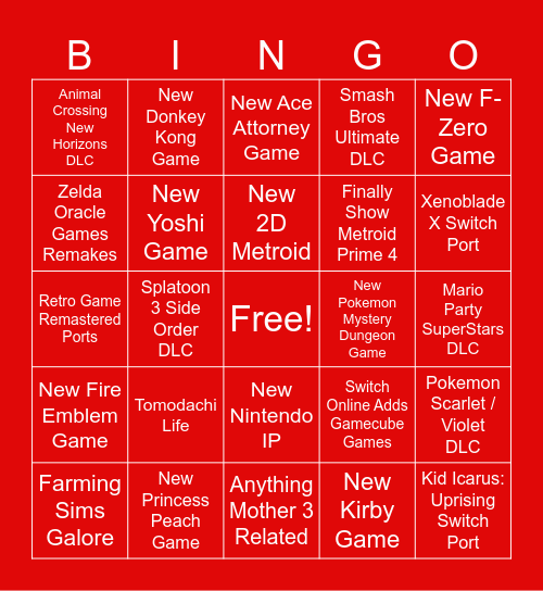 September 2023 Nintendo Direct Bingo Card