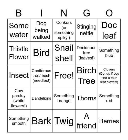 Nature Bingo Card