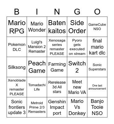 Nintendo Direct Bingo Card