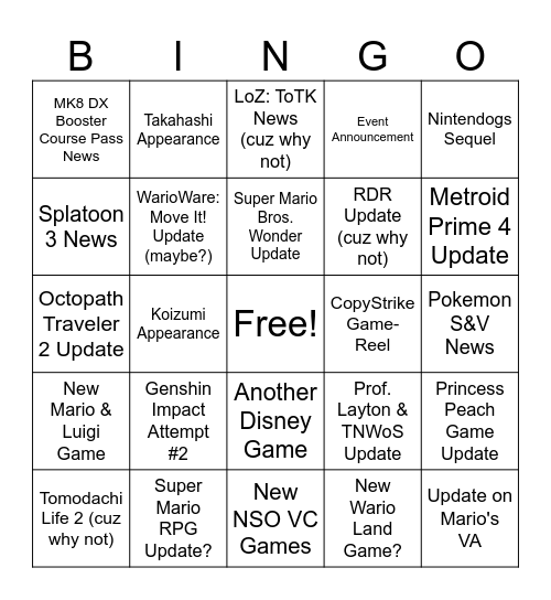 Nintendo Direct 9.14.2023 Bingo Card