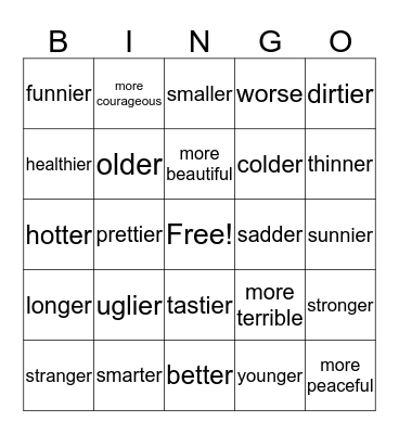 Comparative Adjective  Bingo Card