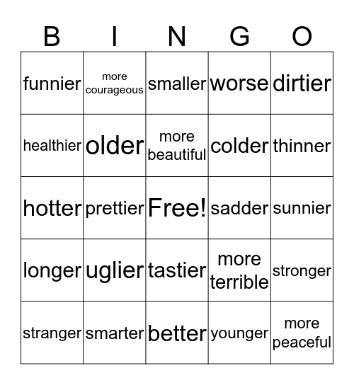 Comparative Adjective  Bingo Card