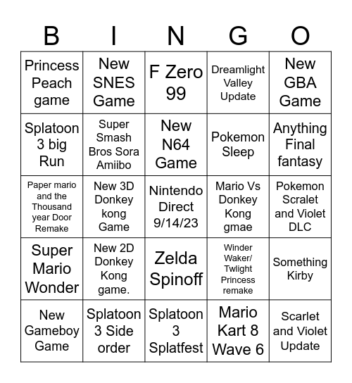 Nintendo Direct 9/14/23 Bingo Card