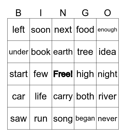 Sight Word Bingo Card