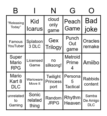 Nintendo Direct Bingo 9/14 Bingo Card