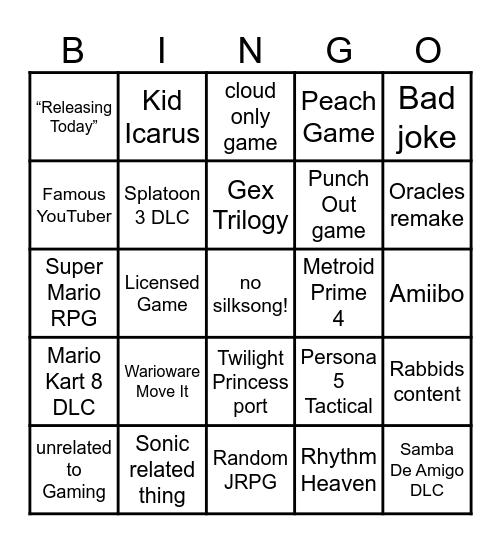 Nintendo Direct Bingo 9/14 Bingo Card