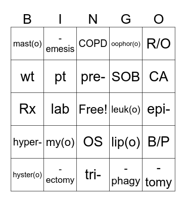 Medical Bingo Card