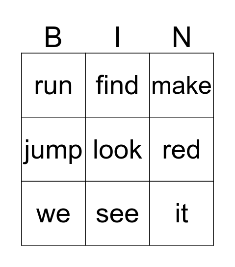 sight words bingo Card