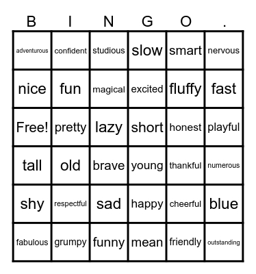 Adjective Bingo Card