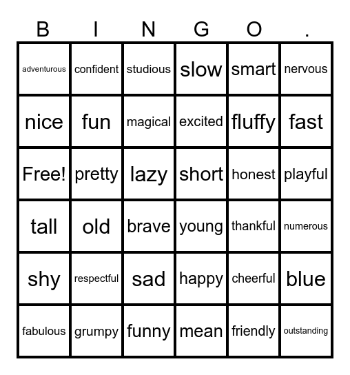 Adjective Bingo Card