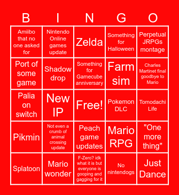 Nintendo Direct Bingo Card