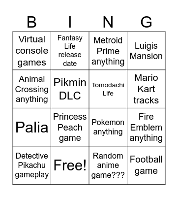 Nintendo Direct Bingo Card