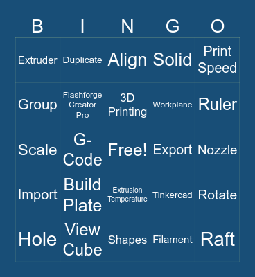 3D Printing Bingo 1 Bingo Card