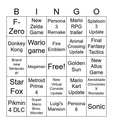 Nintendo Direct 14/09/23 Bingo Card