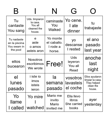 Preterite Verbs Bingo Card