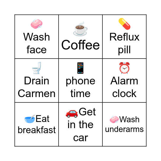 Tuesday morning Bingo Card