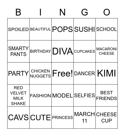KimiPopPop Birthday Bingo Card