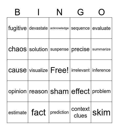 Vocabulary Terms Bingo Card