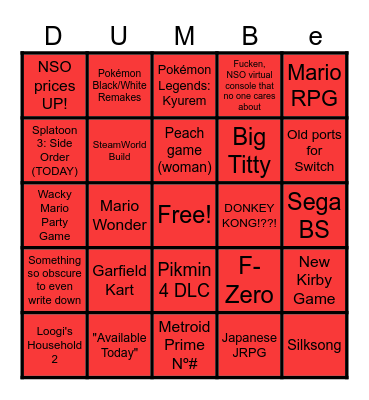 Nintendo Delusional Bingo - September '23 Bingo Card
