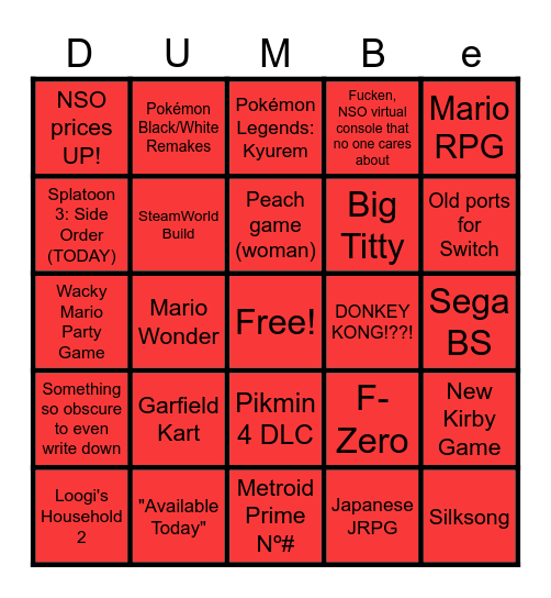 Nintendo Delusional Bingo - September '23 Bingo Card