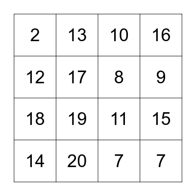 Number Bingo Card