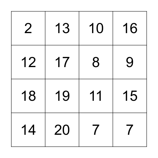Number Bingo Card