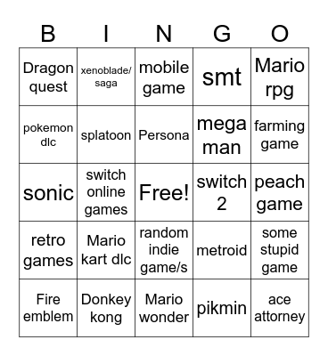 Nintendo Direct Bingo Card