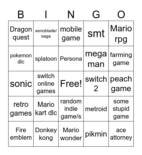 Nintendo Direct Bingo Card