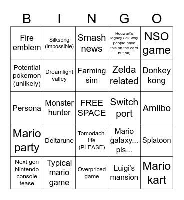 NINTENDO DIRECT SEP 14 2023 Bingo Card