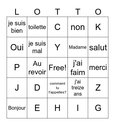 French greetings & alphabet Bingo Card