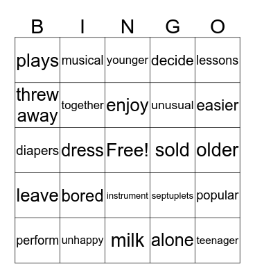 Unit 2 Reading 2 Bingo Card