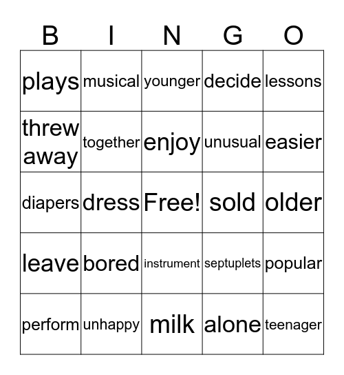 Unit 2 Reading 2 Bingo Card