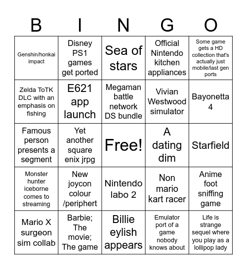 Nintendo bingo Card