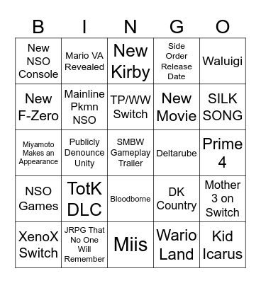 Nintendo Direct Bingo Card