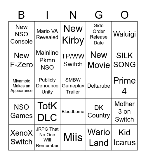 Nintendo Direct Bingo Card