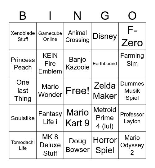 NIntendo direct Bingo Card