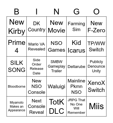 Nintendo Direct Bingo Card