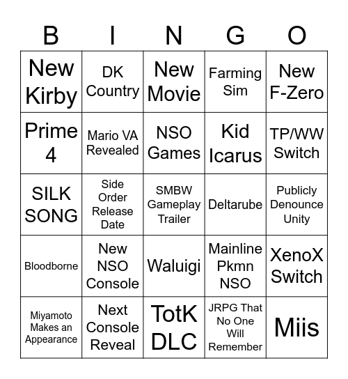 Nintendo Direct Bingo Card