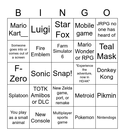 Nintendo Direct September 2023 Bingo Card