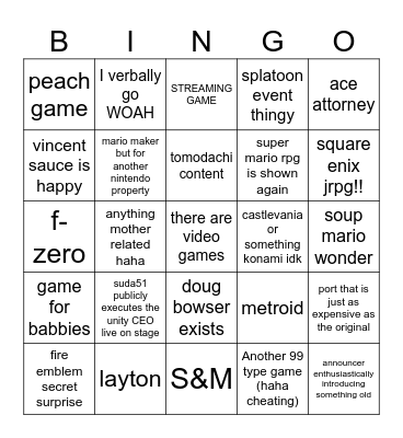 Nintendo direct 9/14/2023 Bingo Card