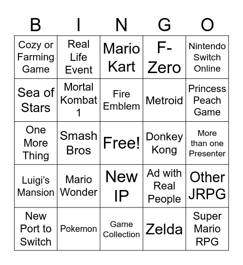 Nintendo Direct 9/14 Bingo Card