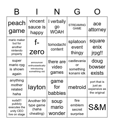 Nintendo direct 9/14/2023 Bingo Card