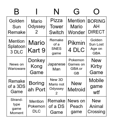 Nintendo Direct 9/14/2023 Bingo Card
